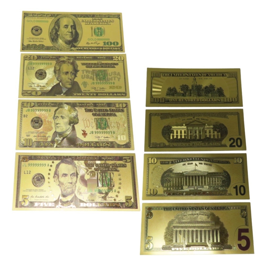 Gold Foil Novelty Banknotes Set‎ 100 20 10 5 Dollar Bills Collectible Currency